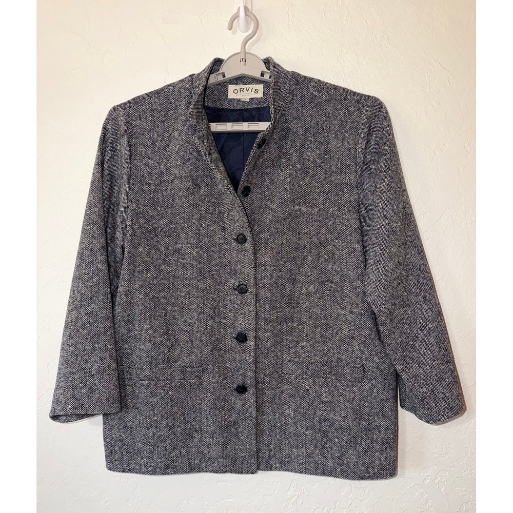 Vintage 90s Orvis Wool Tweed Jacket Blue Collarless Lined 3/4 Sleeve Blazer L